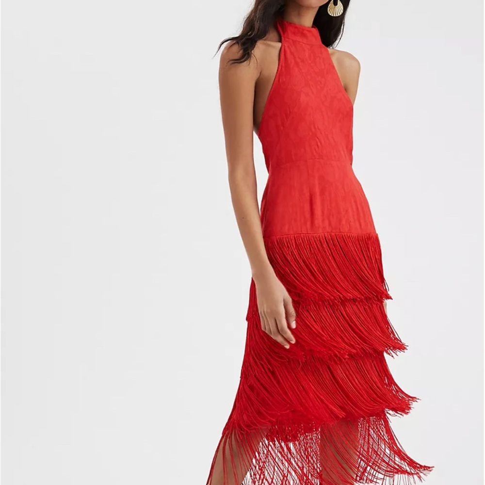 Solid red, midi fringe dress Anthropologie